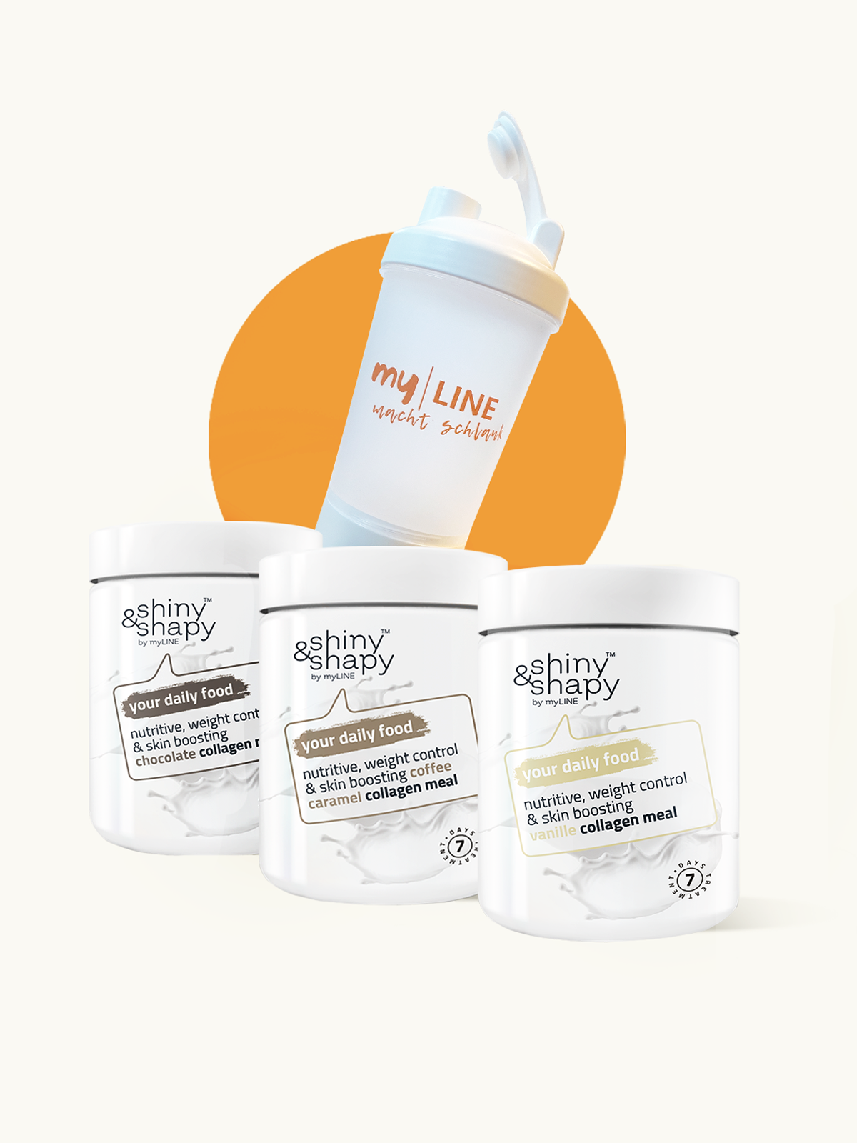 Shiny&Shapy Startpaket mit einem Shaker und jeweils eine Dose Shiny&Shapy Vanille, Chocolate und Coffee Caramel