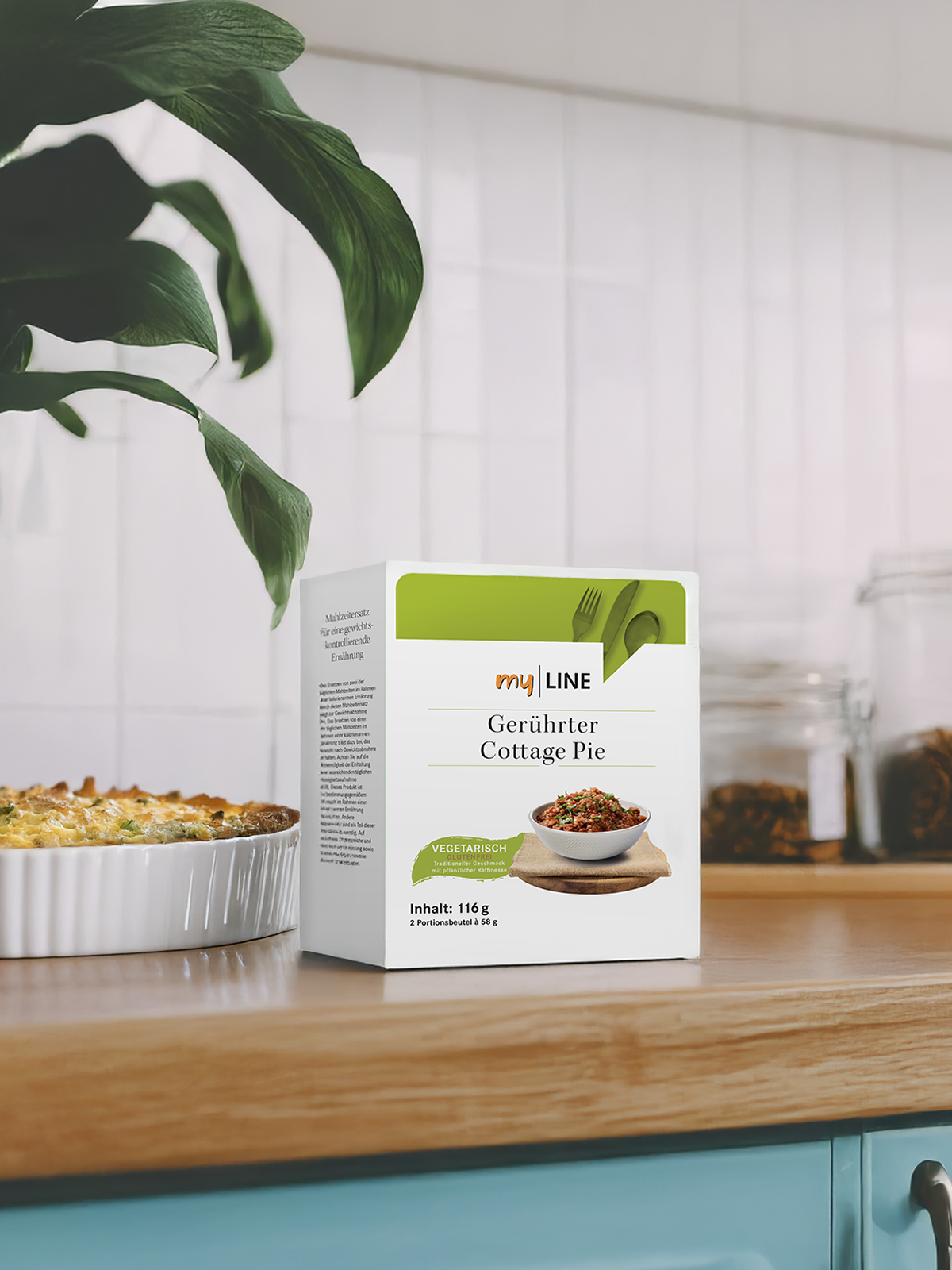 Eine Packung myLINE Gerührter Cottage Pie in der Küche