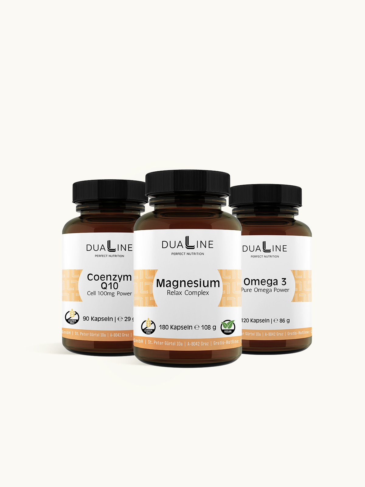 DUALINE Blutdruck Balance Paket mit je einer Dose DUALINE Magnesium, DUALINE Omega 3 und DUALINE Coenzym Q10