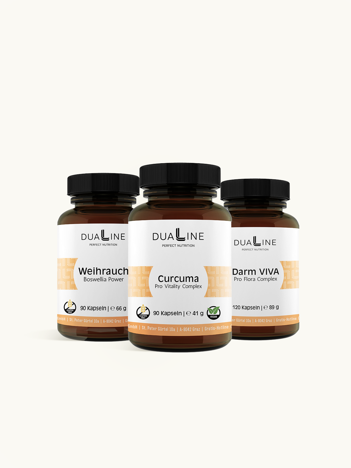 DUALINE CED  Basis Paket mit je einer Dose DUALINE Darm VIVA, DUALINE Curcuma und DUALINE Weihrauch