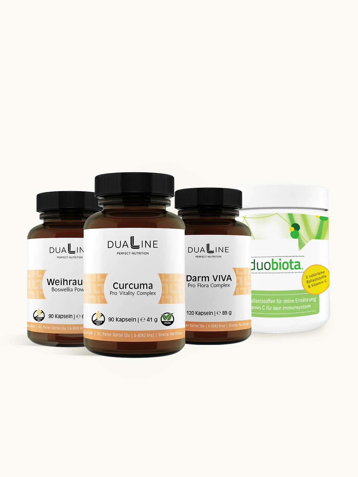 DUALINE CED Plus Paket mit je einer Dose DUALINE Darm VIVA, DUALINE Curcuma, DUALINE Weihrauch und duobiota