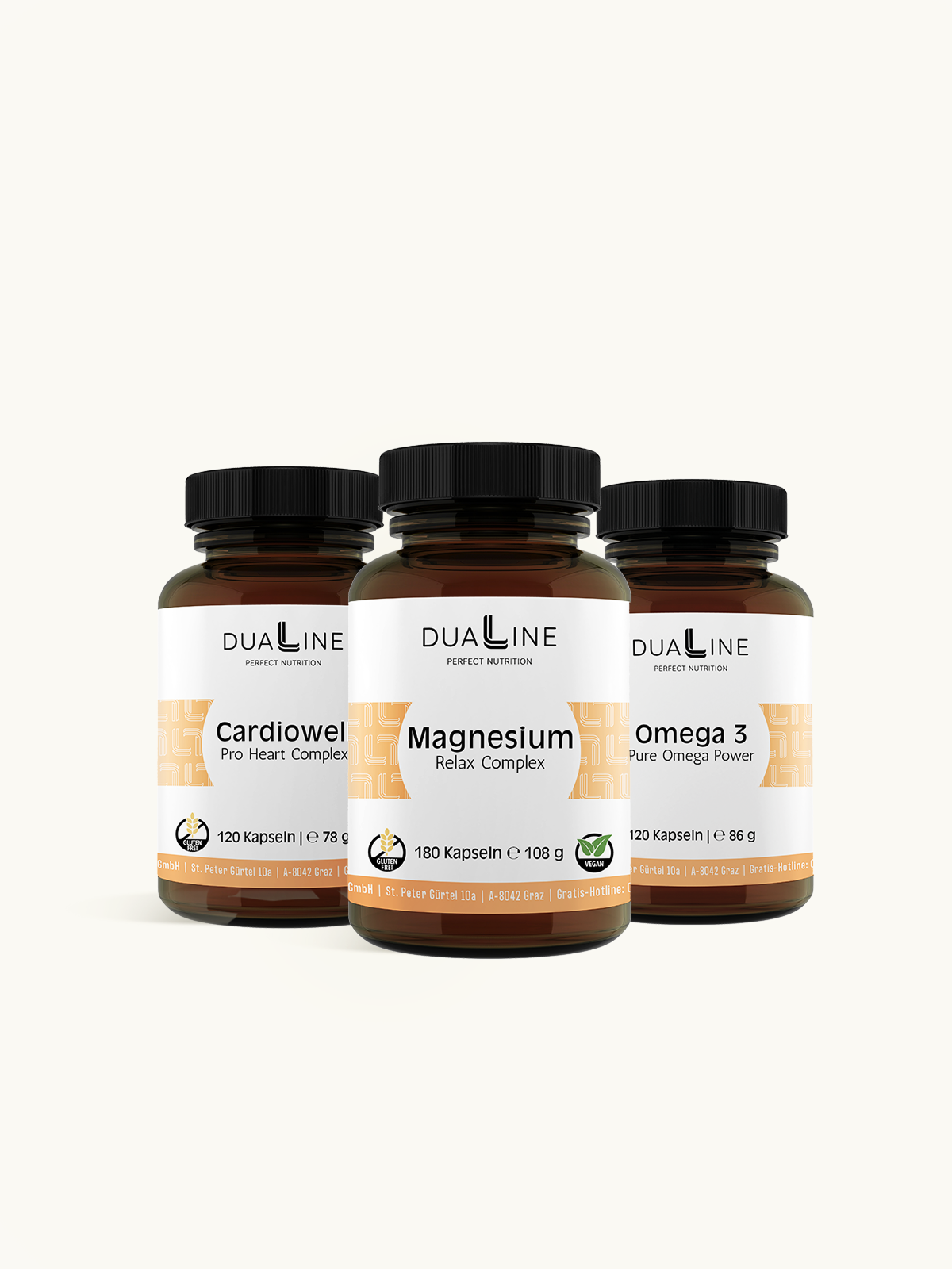 DUALINE Cardio Flow Paket mit je einer Dose DUALINE Magnesium, DUALINE Omega 3 und DUALINE Cardiowell