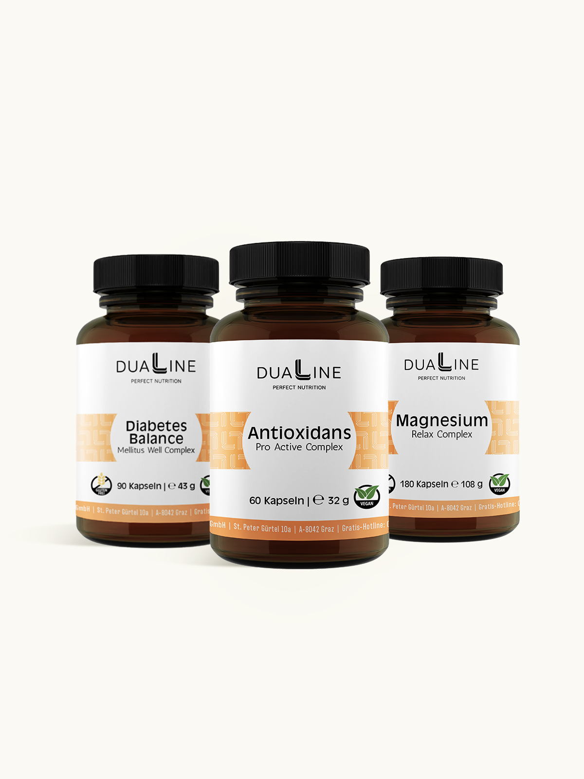 DUALINE Diabetes Balance Paket mit je einer Dose DUALINE Magnesium, DUALINE Antioxidans und DUALINE Diabetes Balance