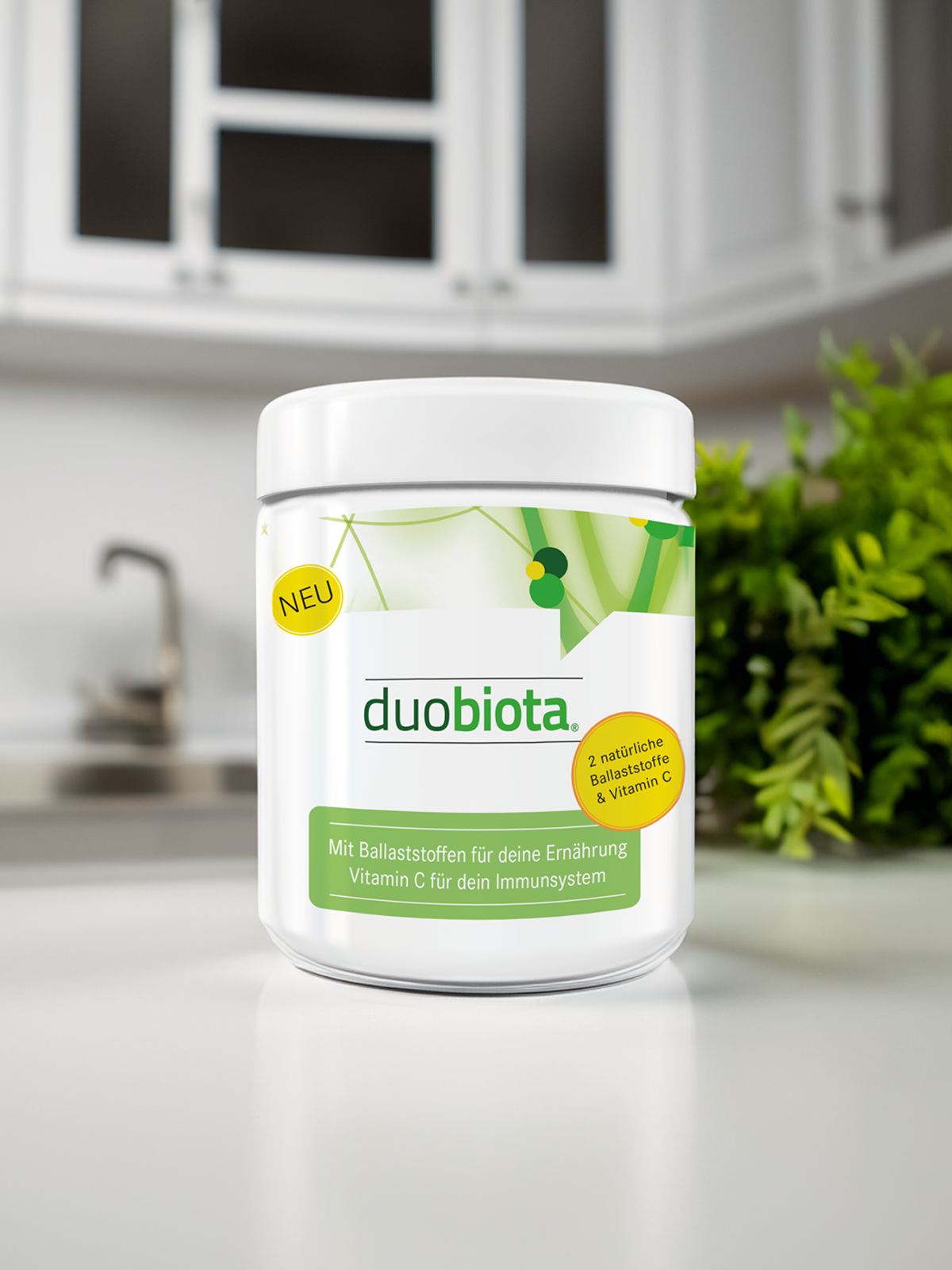 Eine Dose duobiota mit Ballaststoffen für die Ernährung steht auf einer Küchenanrichte