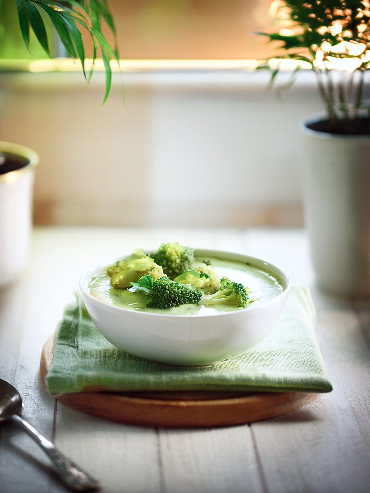 Eine grüne Cremesuppe zum Abnehmen mit Brokkoli garniert