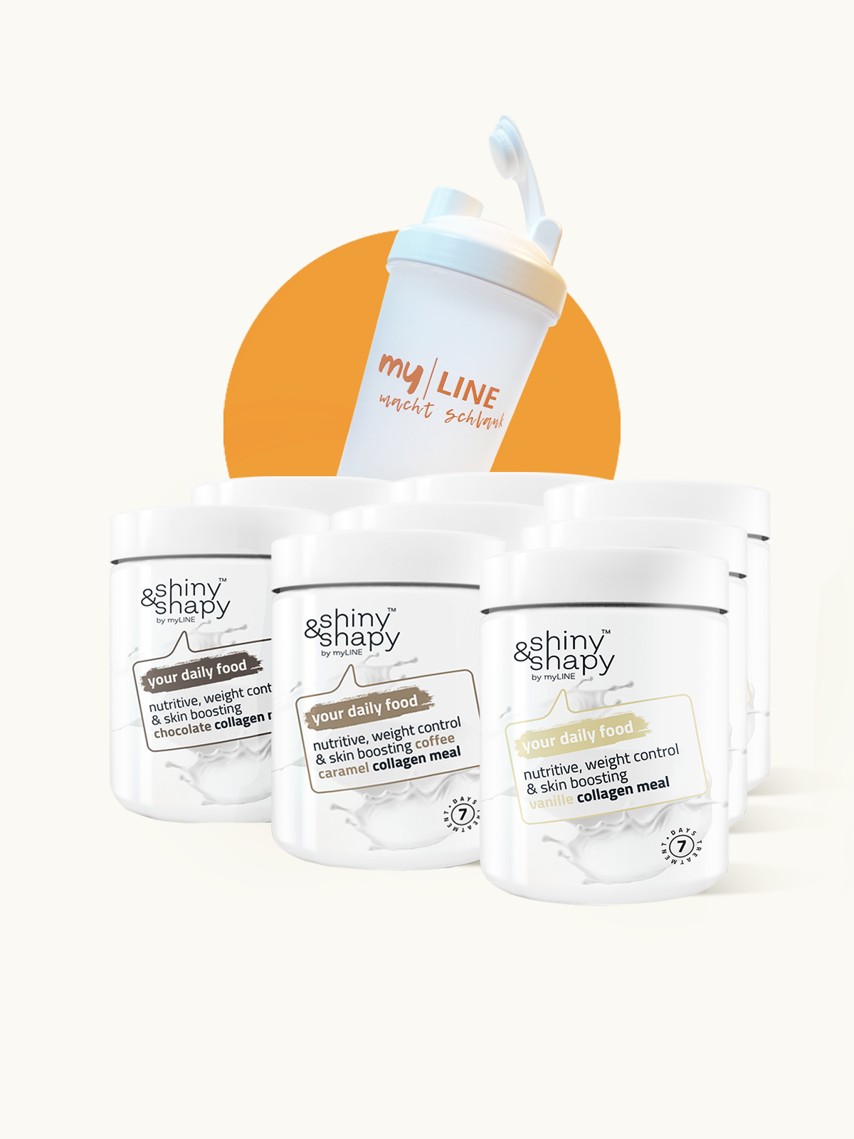 Shiny&Shapy Eiweißshake mit Kollagen – 8 Dosen mit gratis Shaker für einfaches Abnehmen und Kollagen für die Unterstützung der Hautgesundheit.