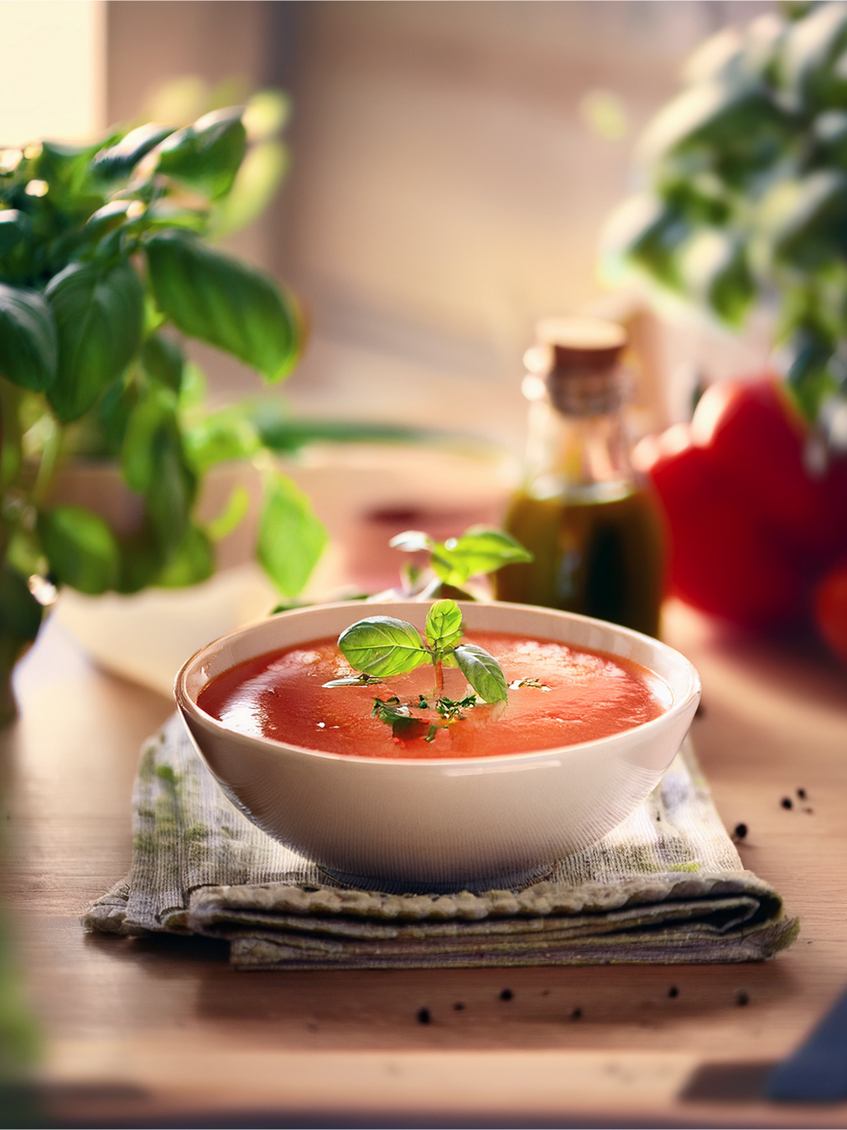 Eine cremige Tomatensuppe zum Abnehmen mit Basilikum garniert