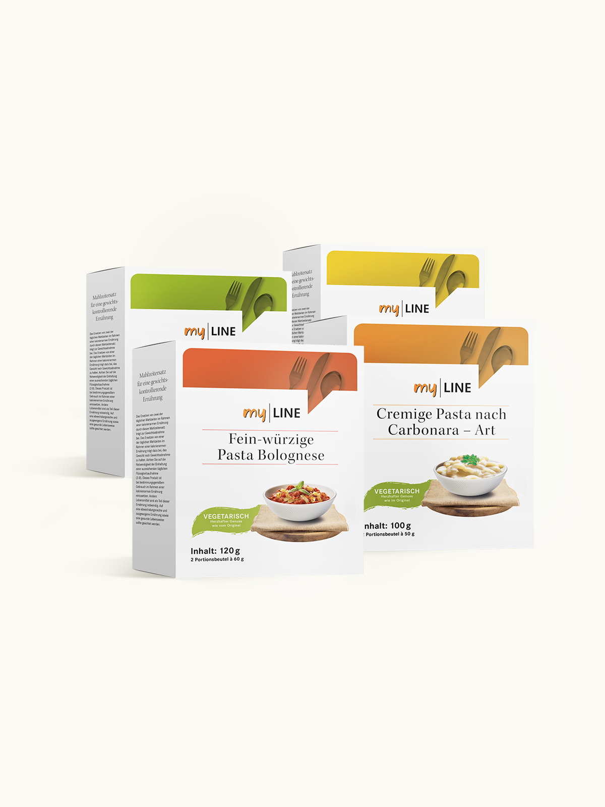 myLINE Genussvielfalt mit je einer Packung myLINE Pasta Bolognese, myLINE Pasta nach Carbonara Art, myLINE Cottage Pie und myLINE Curry Nudel Topf